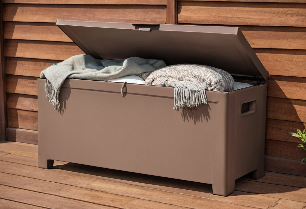 Open brown outdoor storage chest on a timber deck containing folded blankets.
