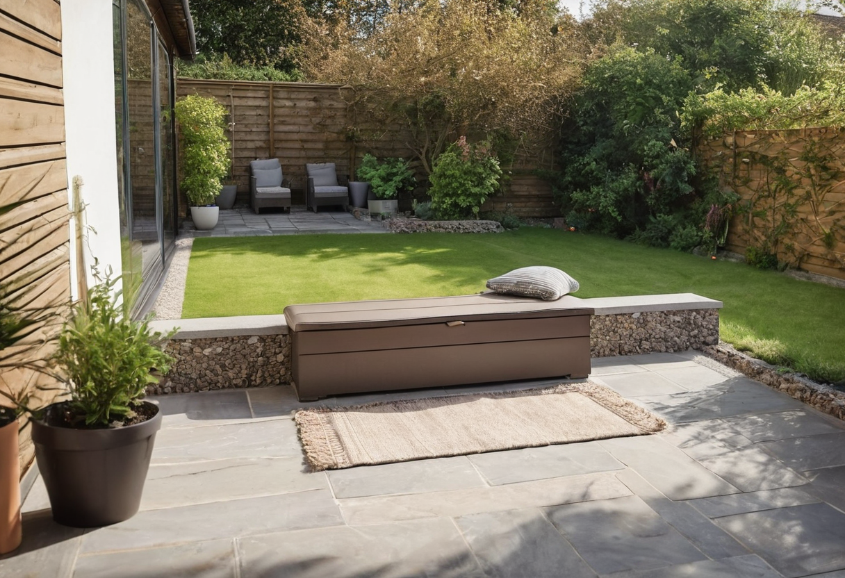 Low brown storage bench on a stone terrace beside a glass door and green lawn, with open space behind and above.