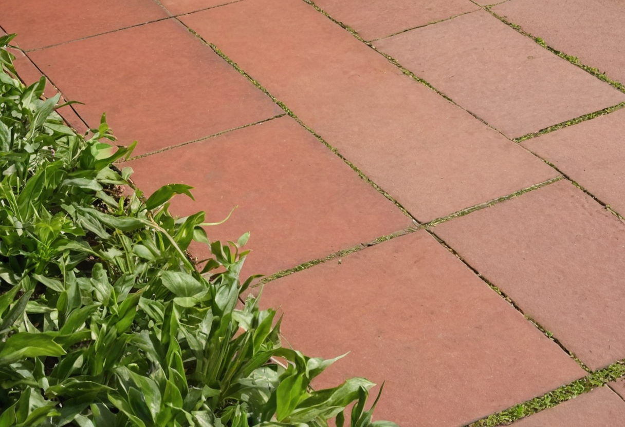 Large red rectangular paving slabs laid flat with green plants growing along the edge.