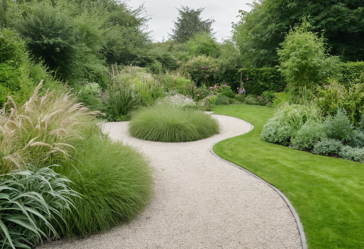 Pale gravel path curving around tall grass between lush planting and a green lawn.
