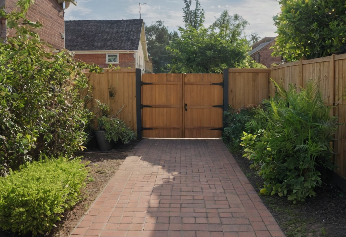 Broad red brick side-yard passage leading to a closed timber gate, with planted edges and timber fences.