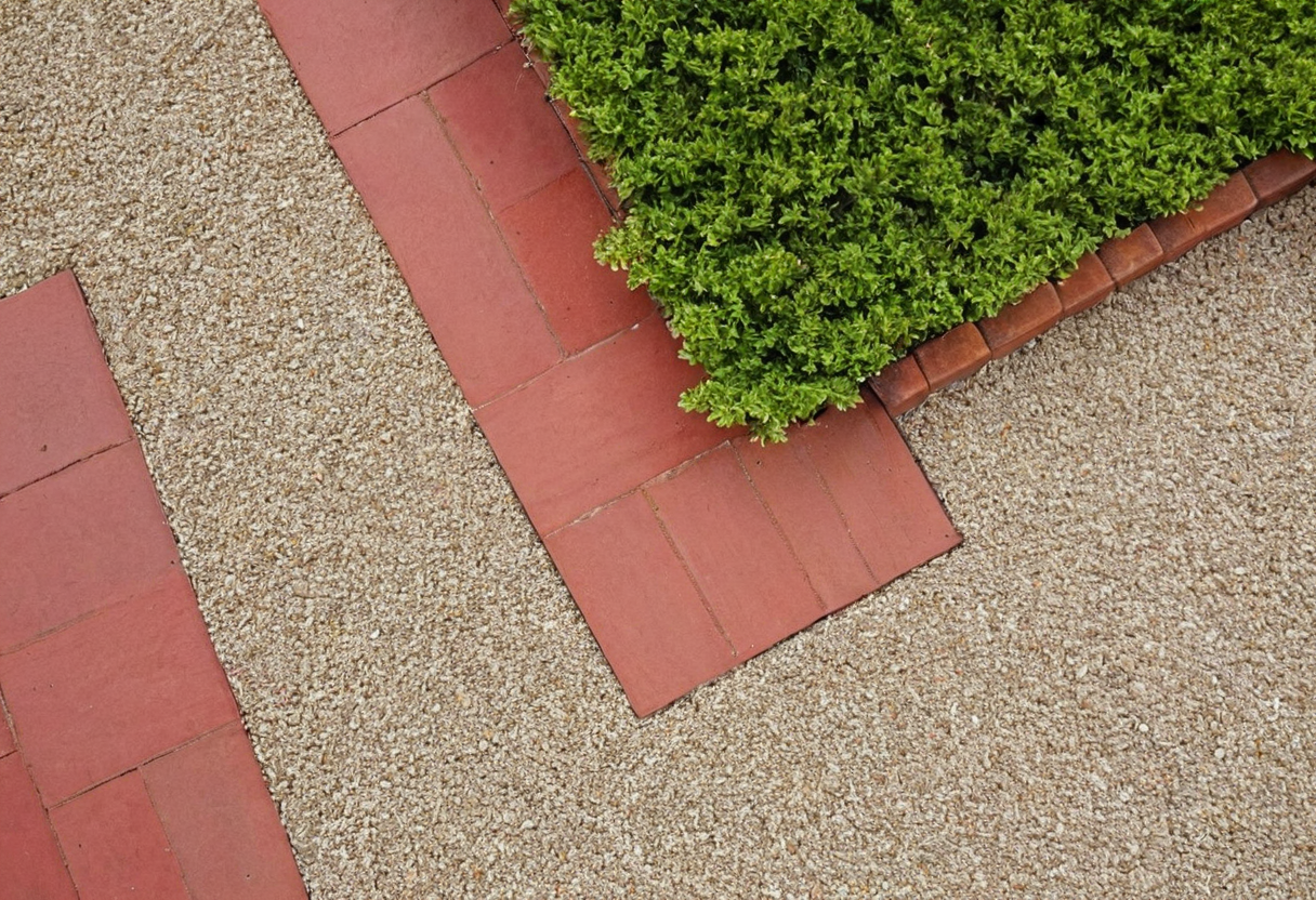 Overhead view of loose pale gravel adjoining two sections of red rectangular paving slabs next to a dense green shrub bed.