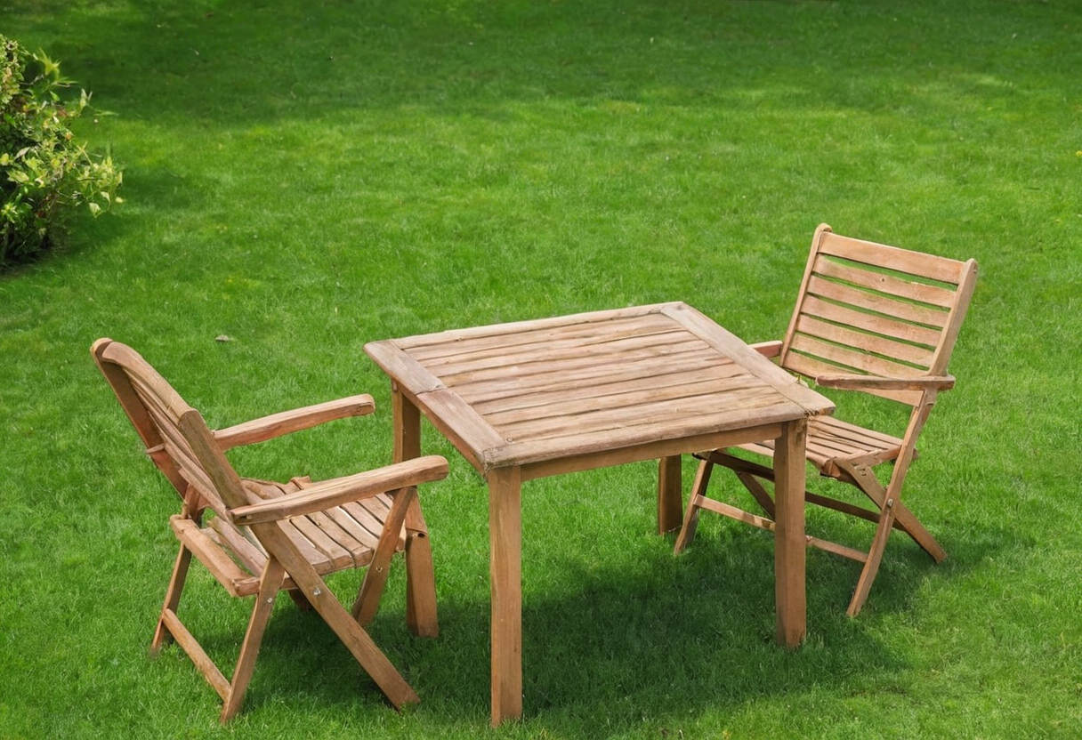Square slatted wooden outdoor table with two wooden chairs pulled apart on a green lawn.