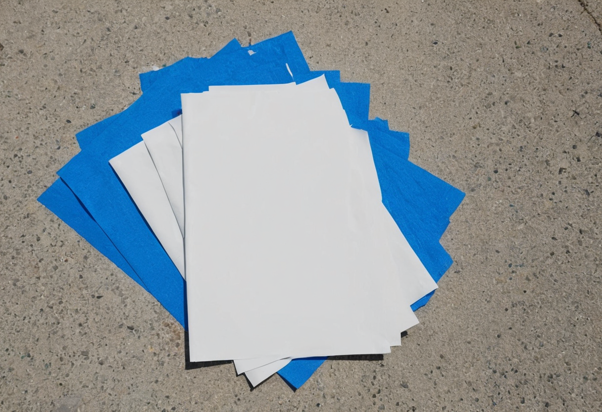 Overhead view of layered blank white paper sheets on blue painter's tape on a plain concrete patio.