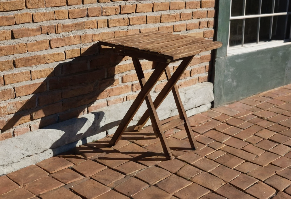 Small slatted wooden outdoor table standing open beside a brick wall on brick paving, showing crossed legs.