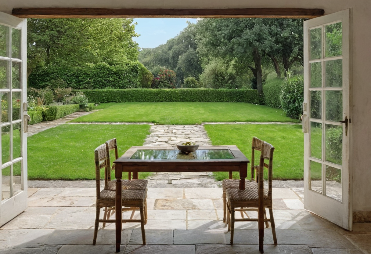 View through open glass patio doors toward a dark rectangular table and two wicker chairs on a paved terrace overlooking a lawn.