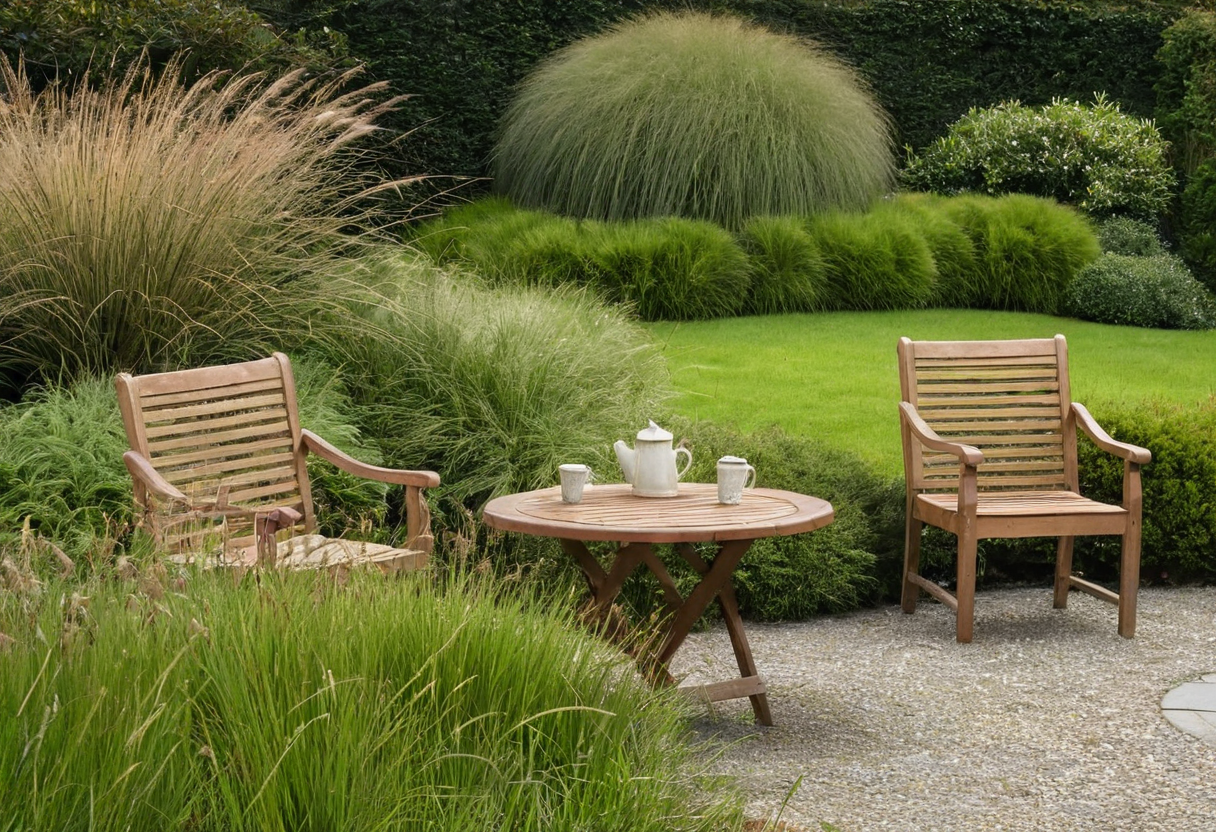 Two empty wooden armchairs and a round table with a teapot and cups on gravel among ornamental grasses and shrubs.