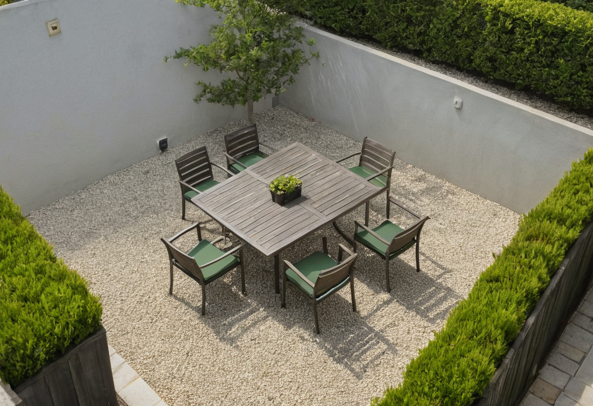 High-angle view of a square outdoor table and six dark chairs on pale gravel with tall green planted edges and a small tree.