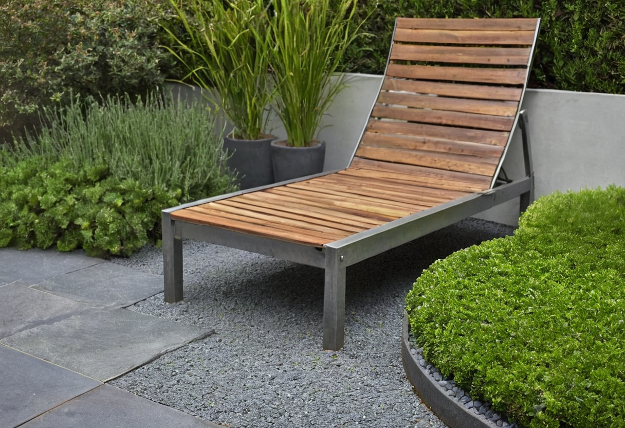 A single wooden-and-metal chaise beside a clipped green planting bed, gray gravel, and a paved strip.