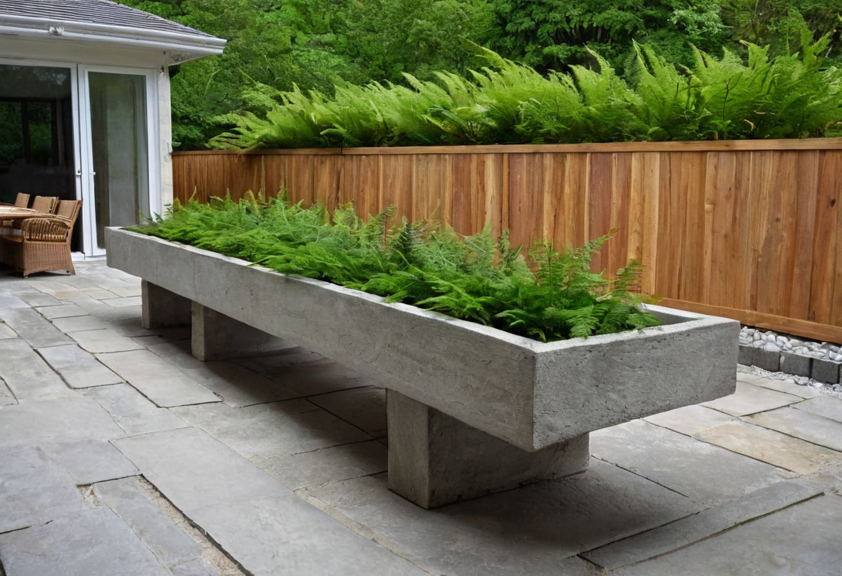 A long raised concrete planter filled with ferns on supports on a stone patio near a timber fence, with part of a dining chair visible by a house door.