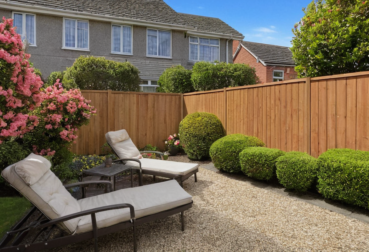 Two light-cushioned loungers and a low table on a gravel yard beside flowering pink shrubs and clipped green bushes along a timber fence.