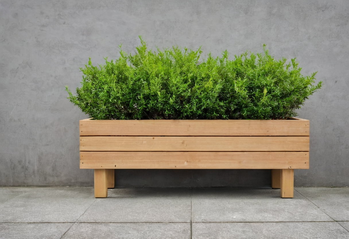 A long low rectangular timber planter filled with green shrubs stands on pale paving against a gray wall.