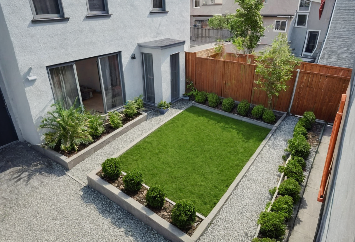 Slightly elevated view of a small yard with a central green lawn, gravel strips, perimeter planting beds, a house, and a timber fence.
