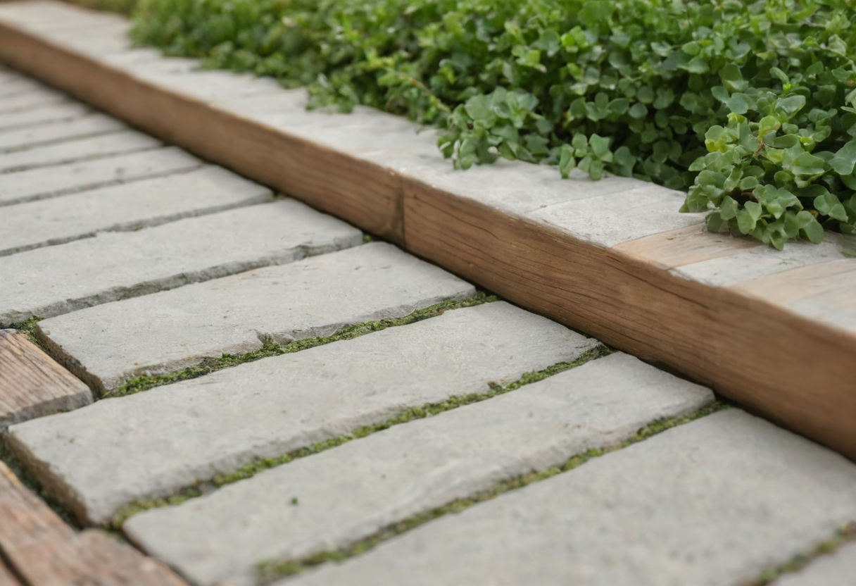 Close view of pale rectangular stone pavers meeting a timber border and low green groundcover.