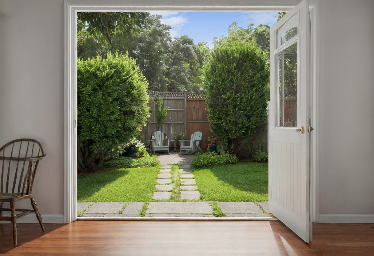 View through an open house door toward a planted backyard with a stone stepping path leading to two pale chairs at the far end.